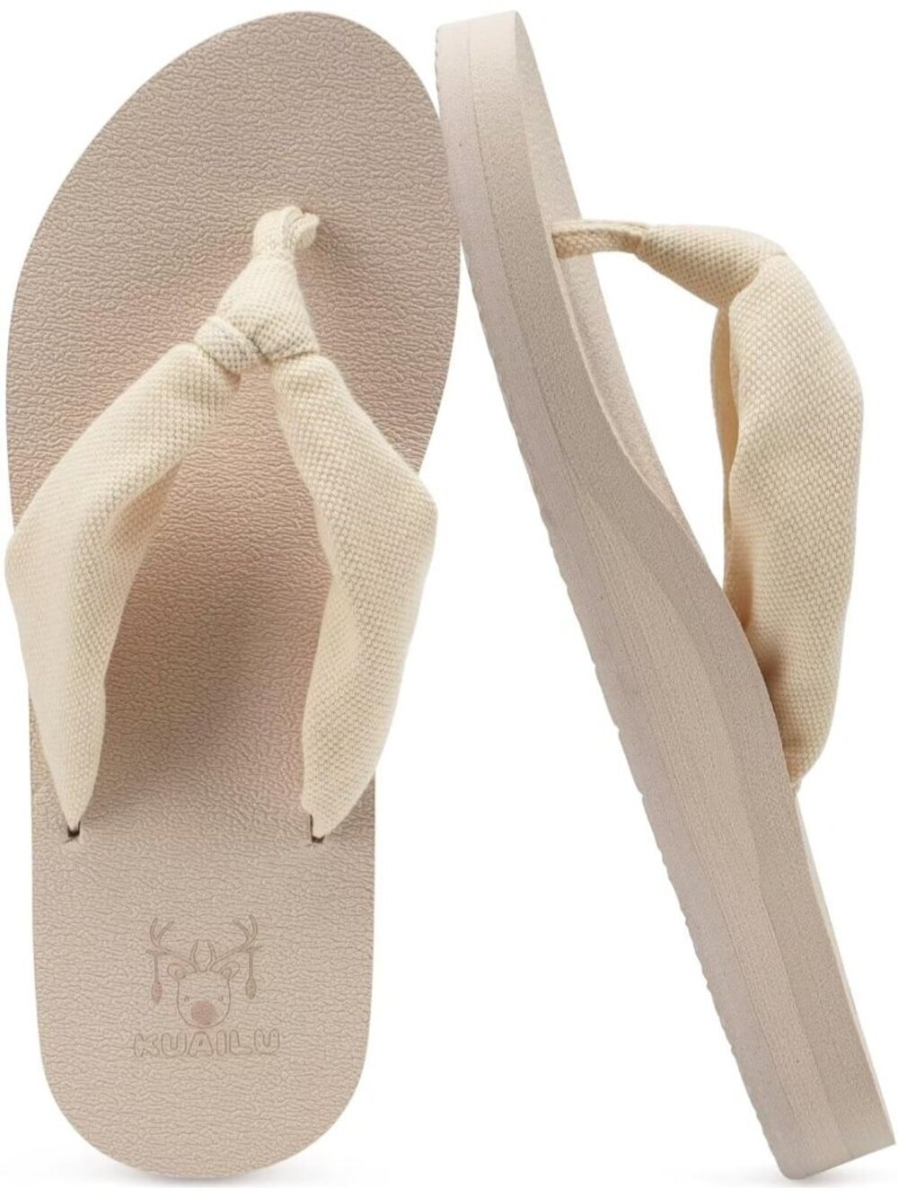 Women's Beige Fabric Khaki Arch Support Yoga Mat Beach Walking Flip Flops Sandal